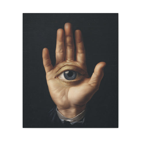 A high-contrast matte canvas print featuring a surrealist artwork. Centered against a dark, textured charcoal background, a realistic, pale hand is held up, palm forward. Embedded in the center of the palm is a detailed, light blue human eye, looking directly at the viewer. The hand emerges from a formal, dark suit cuff with a white ruffled sleeve, adding a touch of vintage, academic style. The overall mood is mysterious, gothic, and scholarly, suitable for dark academia or maximalist decor.